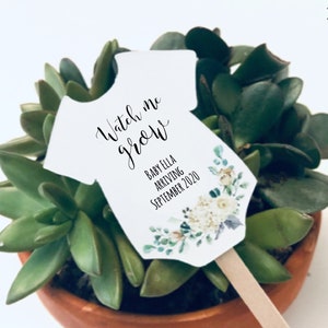 May include: A small terracotta pot with a succulent plant. A white onesie-shaped sign on a wooden stick is inserted into the plant. The sign reads "Watch me grow" and includes the text "Baby Ella arriving September 2020". The sign is decorated with floral accents.