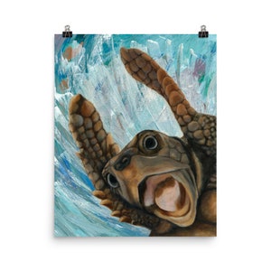 Happy Turtle Riding Wave - Art Print 16&quot; x 20&quot;