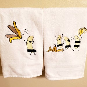 Banana party towel set, Embroidered towels, bathroom, hand towels, decor, home decor, home living, bath towels, funny, joke