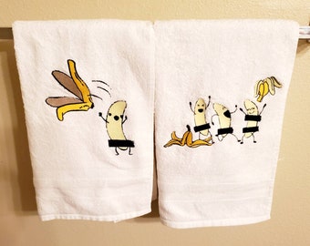 Bananenfeesthanddoekenset, geborduurde handdoeken, badkamer, handdoeken, decor, interieur, wonen, badhanddoeken, grappig, grap