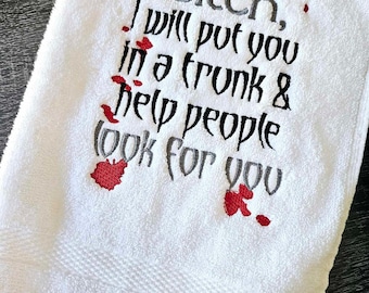 True Crime bathroom towel, Embroidered towels, halloween, bathroom, hand towels, decor, home decor, home living, bath towels, funny, joke