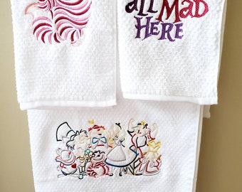 Wonderland Towels, Embroidered towels, bathroom, hand towels, decor, home decor, home living, bath towels, Alice, mad hatter, wonderland