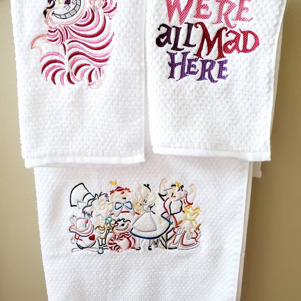 Wonderland Towels, Embroidered towels, bathroom, hand towels, decor, home decor, home living, bath towels, Alice, mad hatter, wonderland
