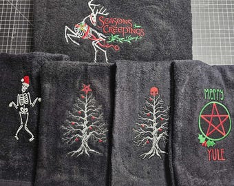 Embroidered towels, Creepmas, Gothic Yule Decor, Witchy, Gothic, Holiday, Krampus