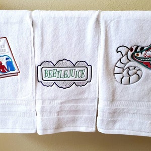 Beetlejuice hand towels, Embroidered towels, halloween, bathroom, hand towels, decor, home decor, home living, bath towels, Tim Burton