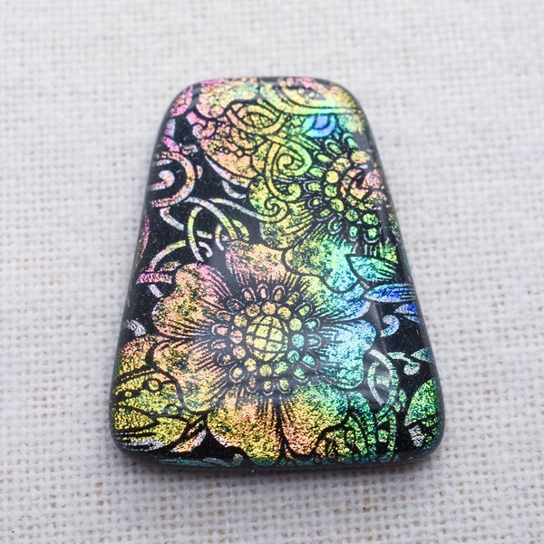 Lg 35x45mm Focal Cabochon of Dichroic Glass - Etched Floral Pattern - Sparkling Rainbow color on Black Glass - C911-E40