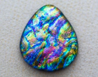 32x38mm - Designer Focal Cabochon of Multi Layered Dichroic Glass - Rainbow Lava/Sparkling Blue Color on Black - F924-S35