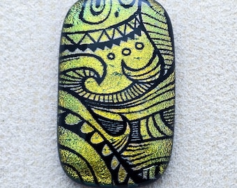 23x39mm Focal Cabochon of Dichroic Glass - Etched Zentangle Pattern - Gold color on Black Glass - F100-E31