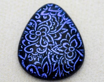 35x41mm Dichroic Glass Cabochons - Etched Blue Floral Squiggly lines on Black Glass - F890-E38