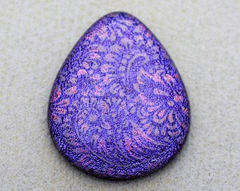 Lg 34x42mm Designer Cabochon of Multi Layered Dichroic Glass - Etched Gold Feathery Plume Pattern on Sparkling Lavender Glass - F894-SE38