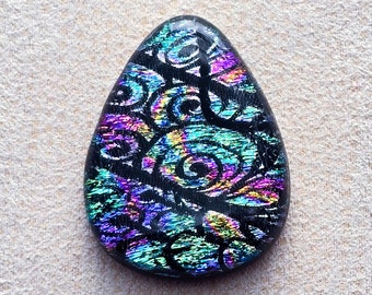 27x36mm Focal Cabochon of Dichroic Glass - Etched Zentangle Pattern - Green, Teal, Pink, Purple on Black Glass - C974-E32