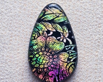 24x40mm Focal Cabochon of Dichroic Glass - Etched Bold Floral Pattern - Rainbow colors on Black Glass - C984-E32