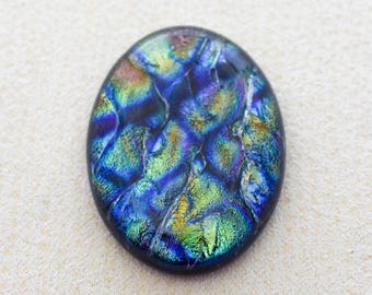 28x37mm Focal Cabochon of Dichroic Glass - Blue Criss-Cross Pattern over Moody Lava on Black Glass - F803-E33