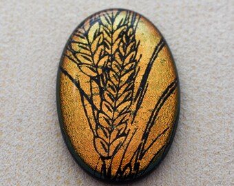 Lg 28x43 Dichroic Glass Cabochons - Etched Wheat Pattern - Copper color on Black - F791-E36 //