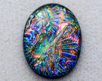 26x34mm - Designer Focal Cabochon of Multi Layered Dichroic Glass - Red Lava/Starry Blue Green Color on Black - F898-S30