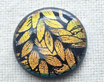 27mm Focal Cabochon of Dichroic Glass - Etched Feathery Leaf Pattern - Gold Copper on Black Glass - C926-E27