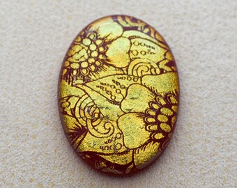 28x39mm Focal Cabochon of Dichroic Glass - Etched Bold Floral Pattern - Gold color on Dark Red Glass - F795-ER34