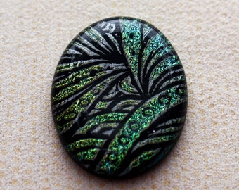29x38mm Focal Cabochon of Dichroic Glass - Etched Zentangle Pattern - Green, Gray on Black Glass - C981-E34