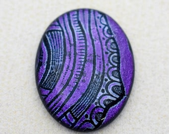 Lg 32x41mm Focal Cabochon of Dichroic Glass - Etched Zen-tangle Pattern - Purple, Gray Colors on Black - F891-E37