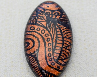 24x40mm Dichroic Glass Cabochon - Etched Zen-tangle Pattern - Copper Brown Color on Black - F852-E32