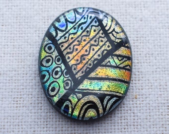 30x39mm Focal Cabochon of Dichroic Glass - Etched Zentangle Pattern - Gold, Green, Teal, Copper on Black Glass - C917-E35