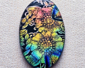 Huge 36x57mm Focal Cabochon of Dichroic Glass - Etched Bold Floral Pattern - Rainbow colors on Black Glass - C987-E47