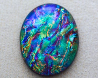Lg 33x42mm - Designer Focal Cabochon of Multi Layered Dichroic Glass - Golden Teal Lava/Dark Red Lava Color on Black - F915-S38