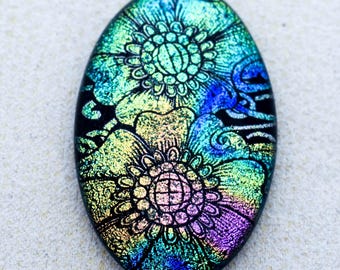 Lg 30x47mm Focal Cabochon of Dichroic Glass - Etched Bold Floral Pattern - Gold, Blue, Pink, Green Colors on Black Glass - F910-E39