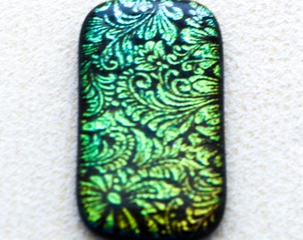 22x39mm Focal Cabochon of Dichroic Glass - Etched Floral Pattern - Gold, Green colors on Black Glass - F108-E31