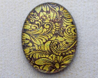 30x38mm Designer multi-layered Cabochon of Dichroic Glass - Etched Botanical Pattern on Redish Brown Sparkle Special Colors - F826-SE34