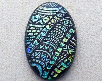 Lg 27x42mm Focal Cabochon of Dichroic Glass - Etched Zen-tangle Pattern - Green, Teal, Gold Colors on Black - F733-E35