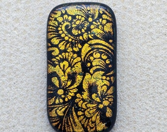 21x39mm Focal Cabochon of Dichroic Glass - Etched Floral Pattern - Gold color on Black Glass - C995-E30