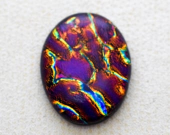 26x33mm Focal Cabochon of Dichroic Glass - Dark Burgandy, Purple, Gold Lava Color on Black Glass - F499-R30