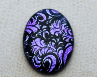 28x37mm Focal Cabochon of Dichroic Glass - Etched Feathery Plume Pattern - Purple on Black Glass - C963-E33