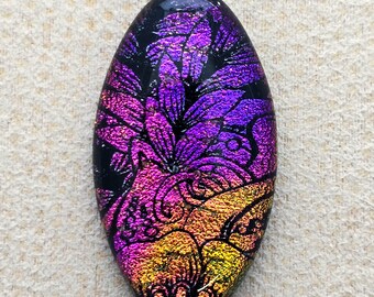 20x37mm Focal Cabochon of Dichroic Glass - Etched Bold Floral Pattern - Rainbow colors on Black Glass - C996-E29