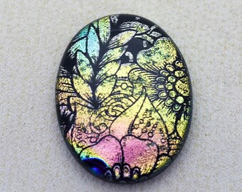 30x39mm Focal Cabochon of Dichroic Glass - Etched Bold Floral Pattern - Pink, Gold, Green, colors on Black Glass - F785-E35