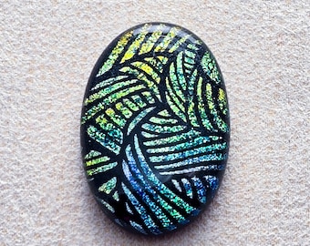 25x37mm Focal Cabochon of Dichroic Glass - Etched into a Sweeping Movement of Rainbow Colors on Black - C985-E31