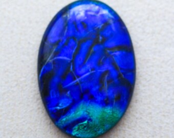 Lg 32x46mm Focal Cabochon of Dichroic Glass - Dark Blue and turquoise Colors on Black - F918-R39