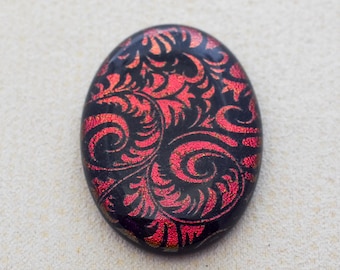 28x38mm Dichroic Glass Cabochons - Etched Feathery Plume Pattern - Red color on Black - F817-E33 //