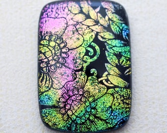 Lg 32x46mm Focal Cabochon of Dichroic Glass - Etched Bold Floral Pattern - Pink, Gold, Teal colors on Black Glass - F829-E39