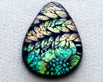 31x42mm Focal Cabochon of Dichroic Glass - Etched Bold Floral Pattern - Rainbow colors on Black Glass - C988-E37