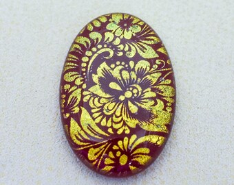 Lg 28x42mm Focal Cabochon of Dichroic Glass - Etched Bold Floral Pattern - Gold color on Dark Red Glass - F779-E35