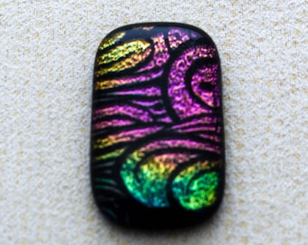 19x32mm Focal Cabochon of Dichroic Glass - Etched Zentangle Pattern - Rainbow color on Black Glass - F116-E26