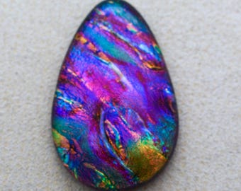 Lg 30x46mm - Designer Focal Cabochon of Multi Layered Dichroic Glass - Golden Teal Lava/Red Purple Lava Color on Black - F917-S38