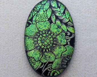 Lg 31x49mm Focal Cabochon of Dichroic Glass - Etched Bold Floral Pattern - Sparkling Green, Gray colors on Black Glass - F841-E40