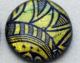 25mm Dichroic Glass Cabochons - Etched Zen-Tangle Pattern - Gold Copper on Black- A105A&B-E25 //