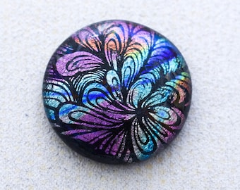 28mm Dichroic Glass Cabochons - Etched Zen-tangle Pattern - Rainbow colors on Black - F874-E28 //