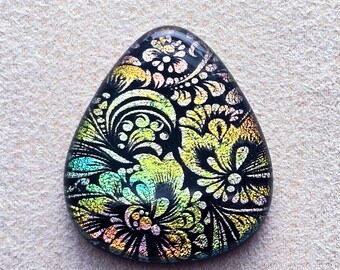 31x37mm Focal Cabochon of Dichroic Glass - Etched Floral Pattern - Green, Teal, Pink, on Black Glass - C978-E34