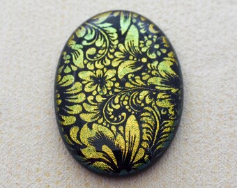 Lg 29x41 Dichroic Glass Cabochons - Etched Botanical Pattern - Gold color on Black - F797-E35