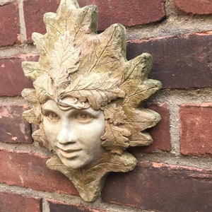 oak woman, green woman, oak girl, green girl, cast cement, garascia art, garascia, wallhanging, girl face, garden art, garden decoration,